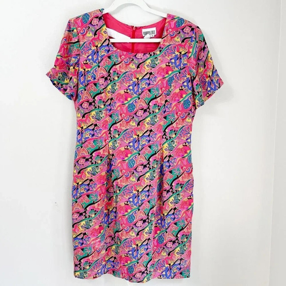 Vtg Y2K Robbie Bee Silk Floral Shift Dress 12 Red Lined Short Sleeve Knee Length - Picture 1 of 7